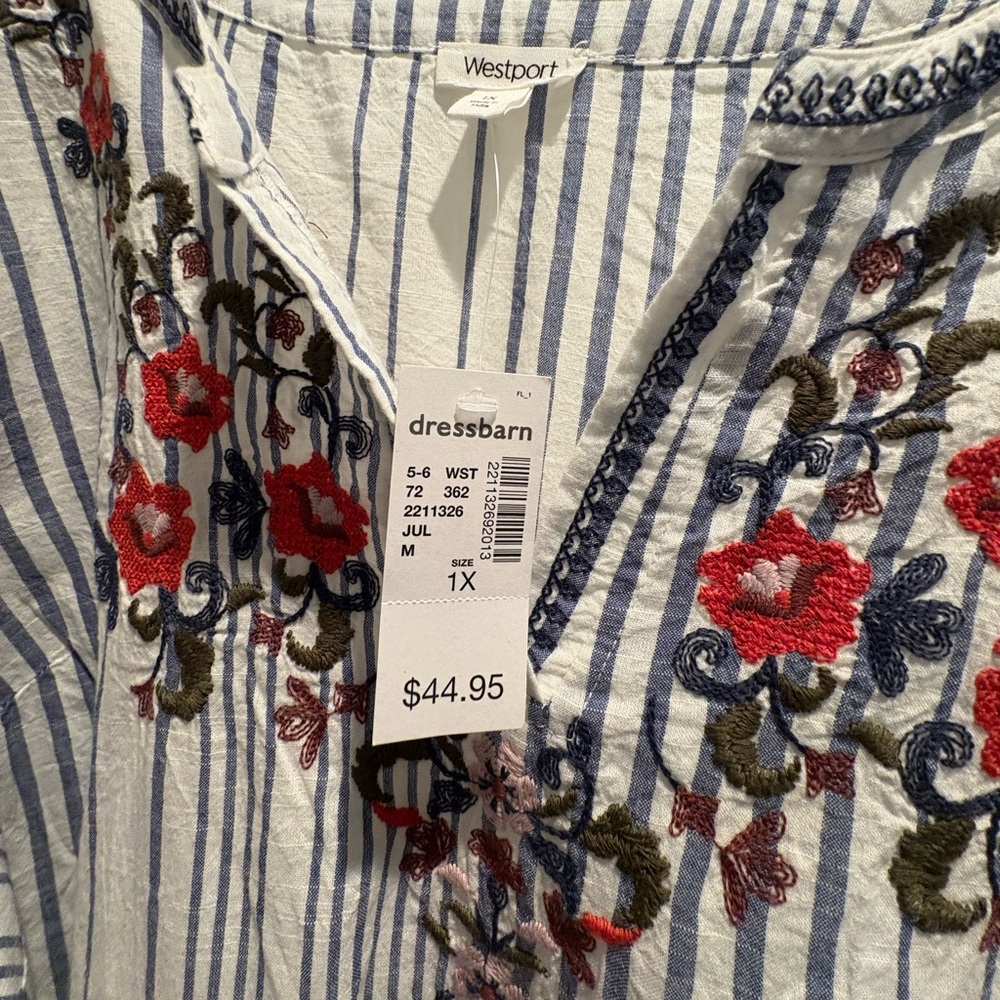 Boho Striped Blue & White Embroidered V-Neck Women's Tunic Plus Size 1X - Picture 6 of 8